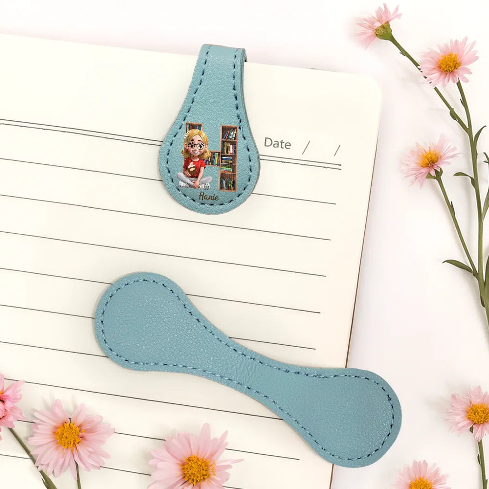 Reading,Gift For Yourself,Gift For Women,Happy - Bookish Monogram Girl With Book - Personalized Circle Leather Magnetic Bookmark