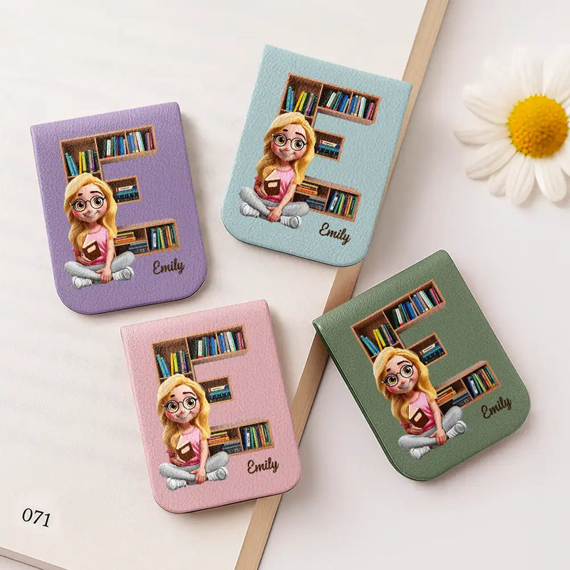 Reading,Gift For Yourself,Happy - Bookish Monogram Girl With Book - Personalized Leather Bookmark