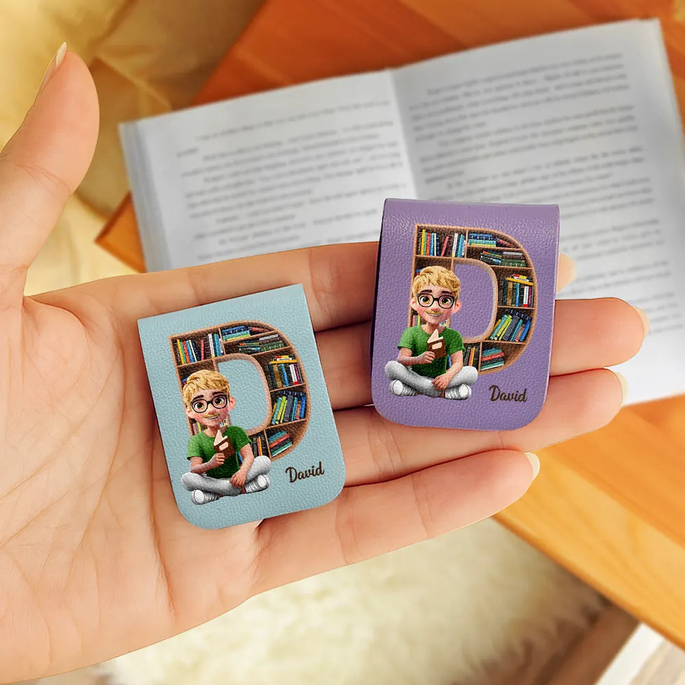 Reading,Gift For Yourself,Happy - Bookish Monogram Girl With Book - Personalized Leather Bookmark