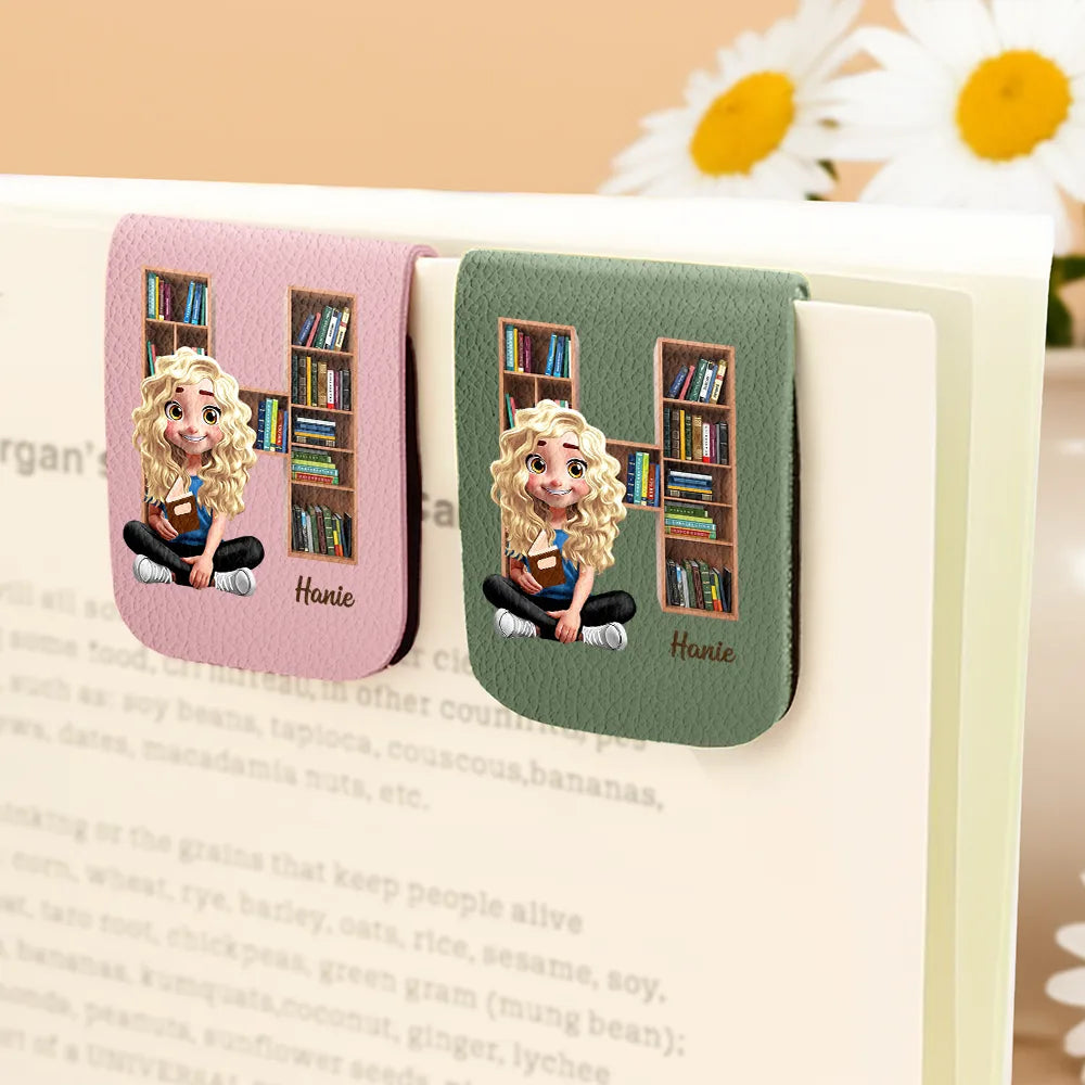 Reading,Gift For Yourself,Happy - Bookish Monogram Girl With Book - Personalized Leather Bookmark
