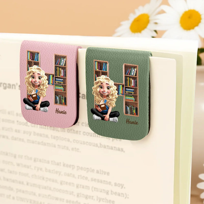 Reading,Gift For Yourself,Happy - Bookish Monogram Girl With Book - Personalized Leather Bookmark