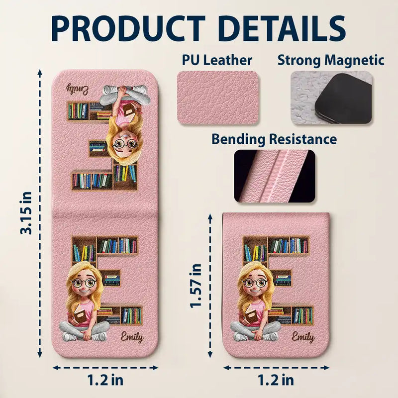 Reading,Gift For Yourself,Happy - Bookish Monogram Girl With Book - Personalized Leather Bookmark