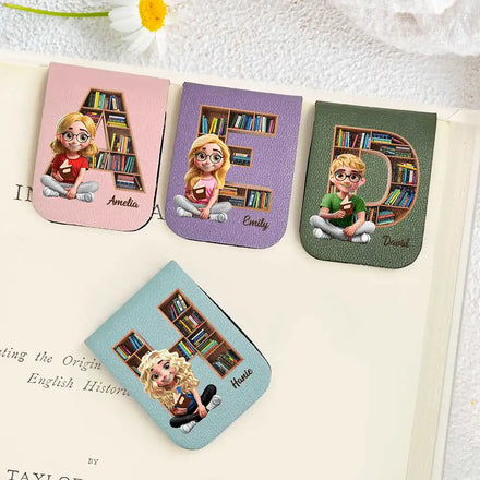 Bookish Monogram Girl With Book - Personalized Leather Magnetic Bookmark