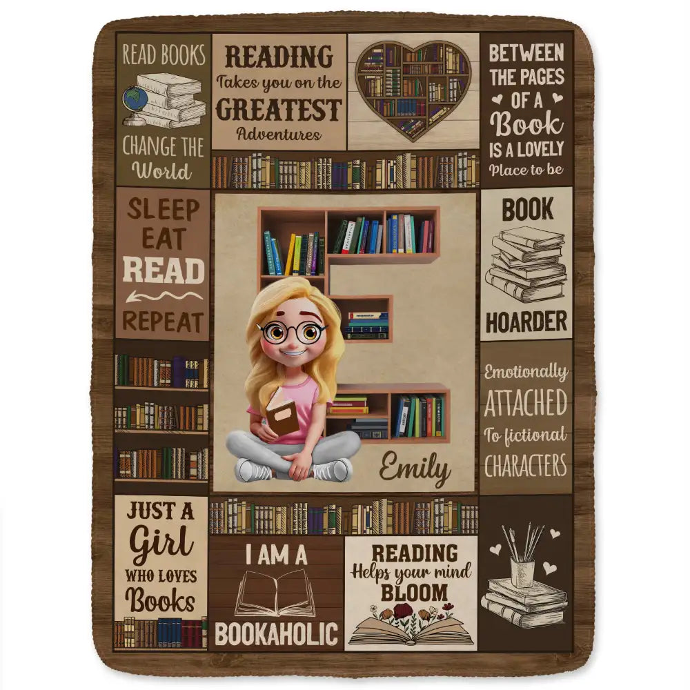 Reading,Gift For Yourself,Gift For Women,Happy - Bookish Monogram Reading Blanket - Personalized Fleece Blanket, Sherpa Blanket