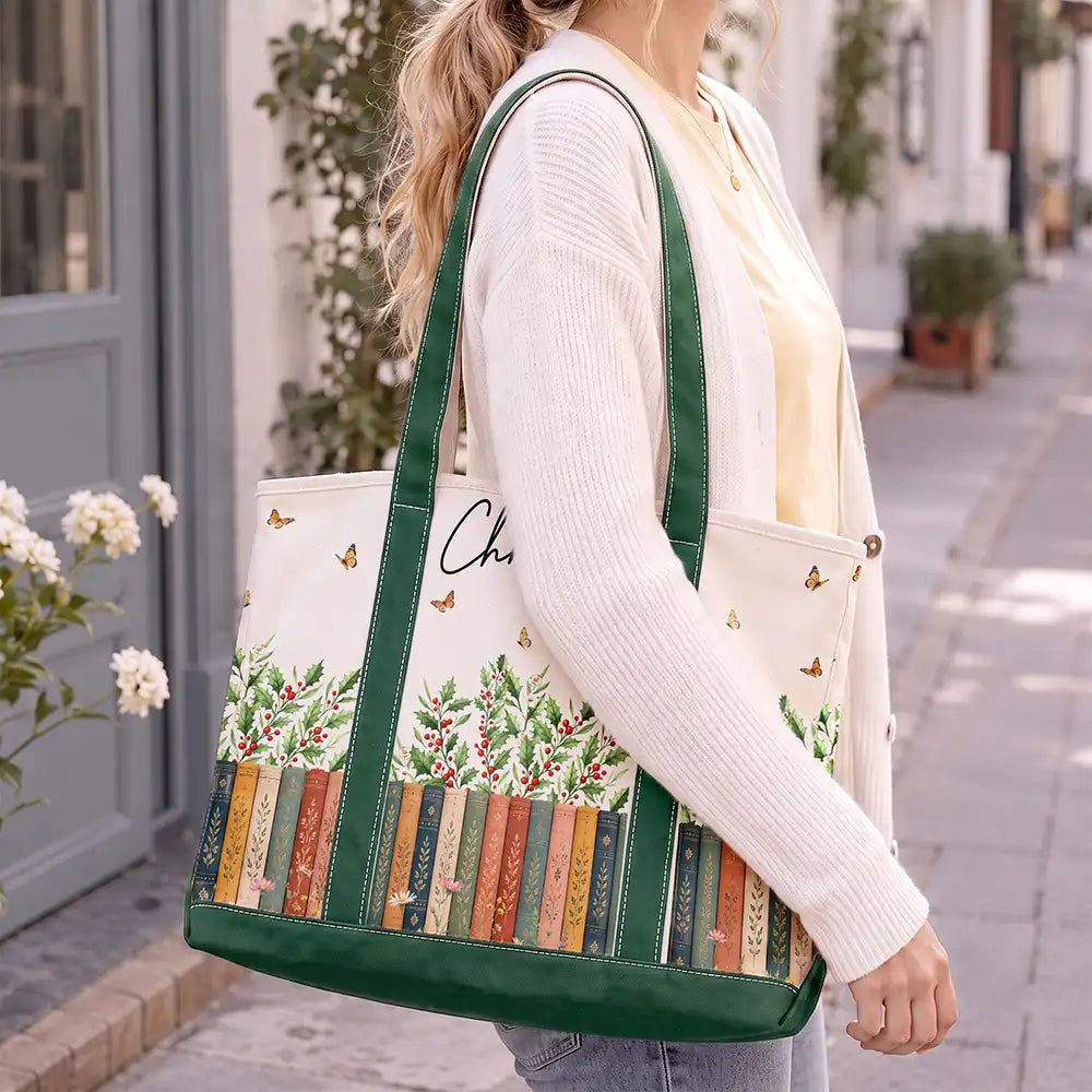 Reading,Gift For Yourself,Gift For Women,Icon,Happy - Bookshelf Flower Garden Woman Name - Personalized Fabric Tote Bag