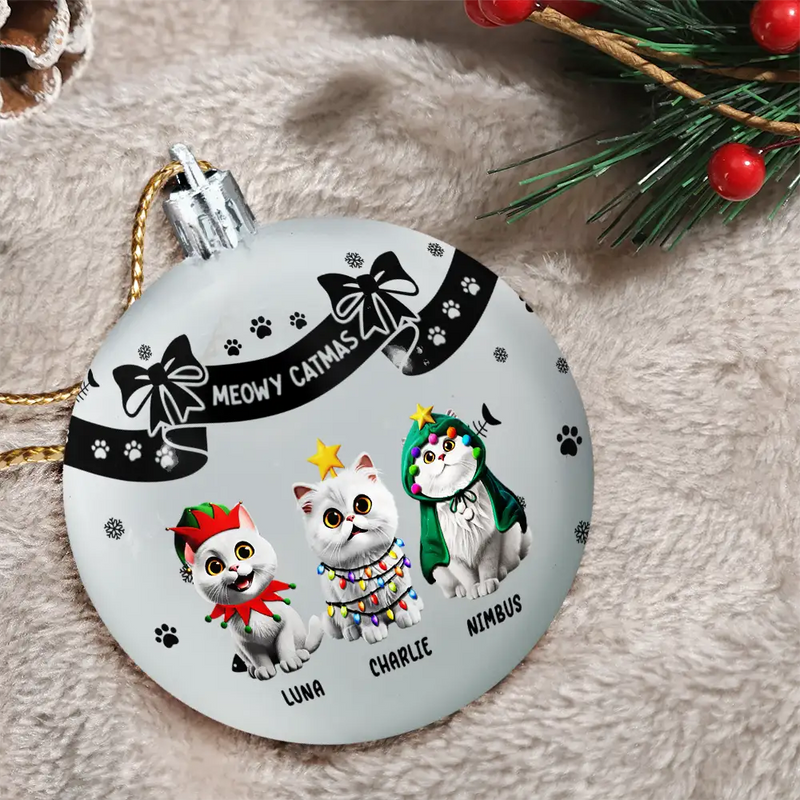 Christmas,Cat Lovers - Bowknots Meowy Catmas - Personalized Ball Ornament