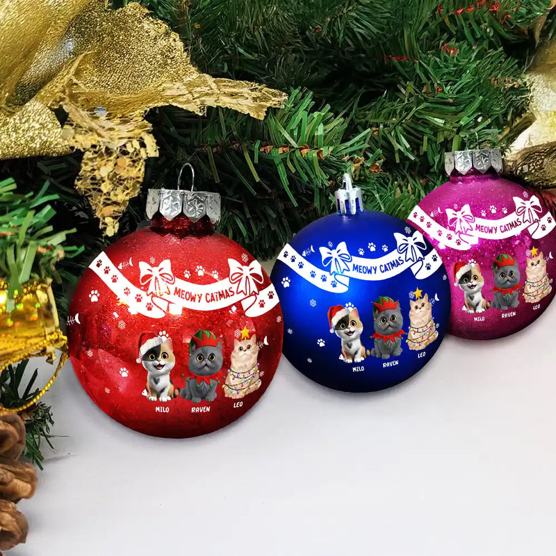 Christmas,Cat Lovers - Bowknots Meowy Catmas - Personalized Ball Ornament