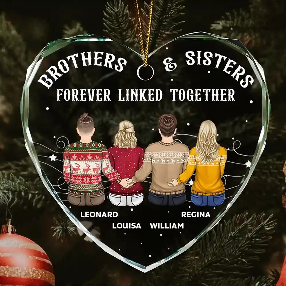 Brother Sister Forever Linked Together - Personalized Heart Shaped Glass Ornament