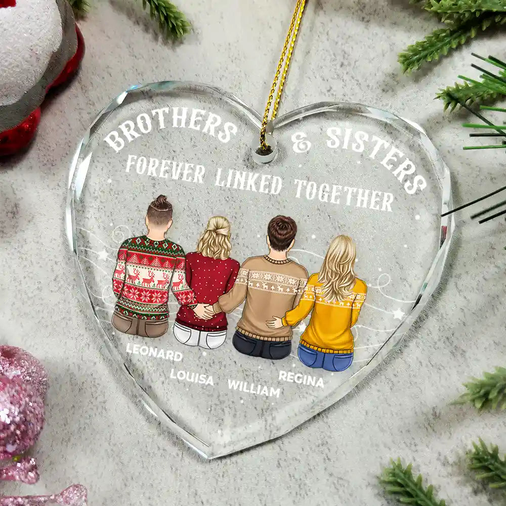 Family, Gift For Sibling, Gift For Sisters, Gift For Bestie, Gift For Brothers, Cousin, Love, Long Distance, Christmas, Top Market - Brother Sister Forever Linked Together - Personalized Heart Shaped Glass Ornament