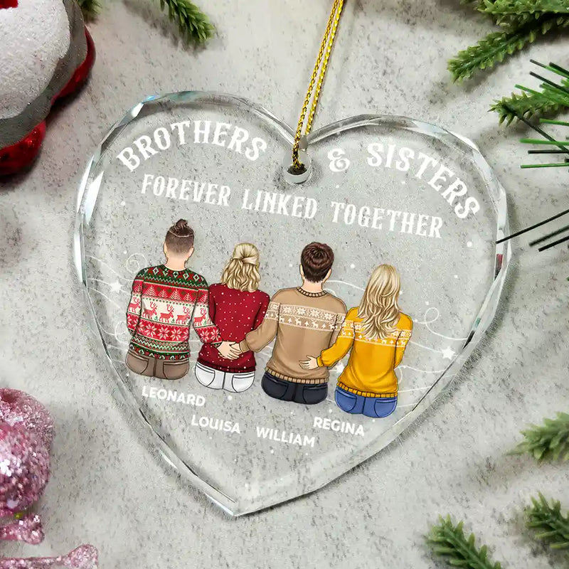 Family, Gift For Sibling, Gift For Sisters, Gift For Bestie, Gift For Brothers, Cousin, Love, Long Distance, Christmas, Top Market - Brother Sister Forever Linked Together - Personalized Heart Shaped Glass Ornament