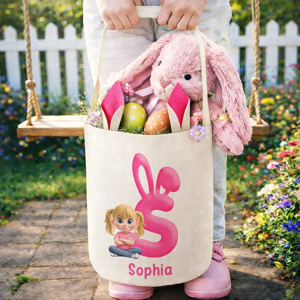 Gift For Kids,Grandpa - Grandkids,Grandma - Grandkids,Gift For Grandkids,Easter - Bunny Alphabet With Kid Baby Sitting 3D Effect - Personalized Bunny Ears Bucket Bag
