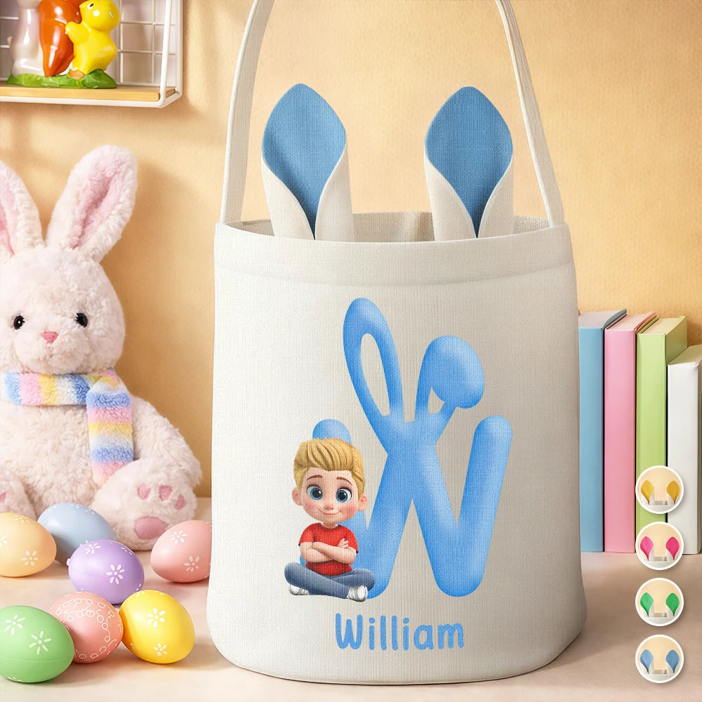Gift For Kids,Grandpa - Grandkids,Grandma - Grandkids,Gift For Grandkids,Easter - Bunny Alphabet With Kid Baby Sitting 3D Effect - Personalized Bunny Ears Bucket Bag