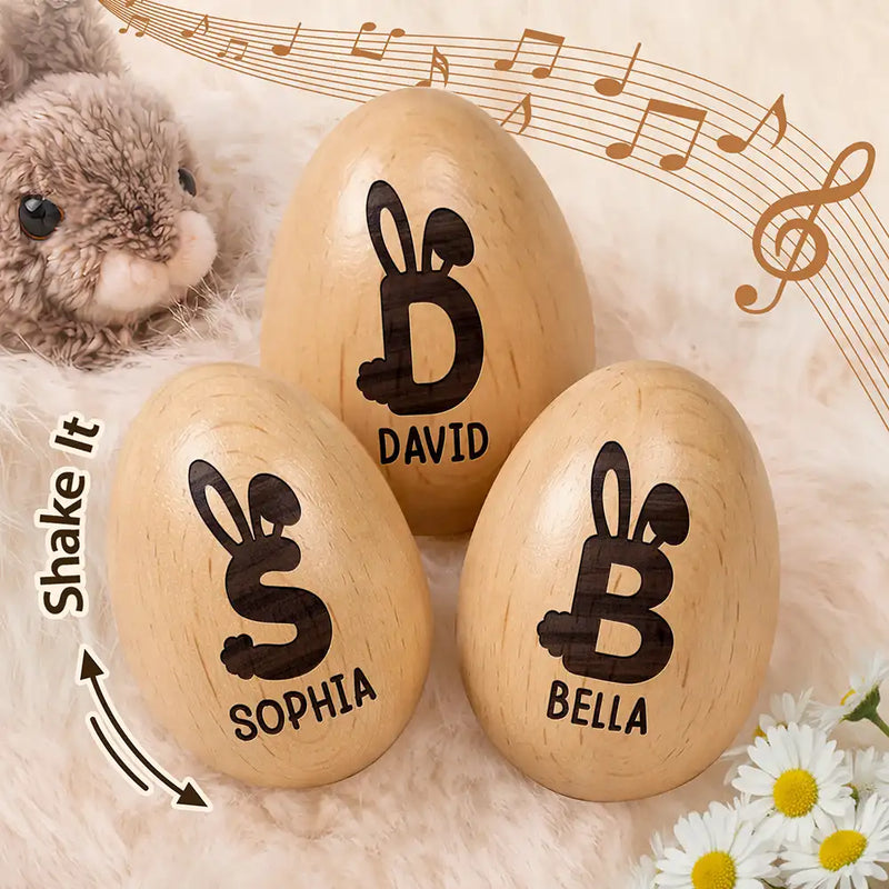 Gift For Kids, Gift For Grandkids, Non-Eng - Bunny Monogram Letter - Personalized Musical Wooden Easter Egg Shaker