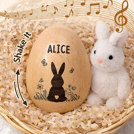 Bunny With Spring Flowers - Personalized Musical Wooden Easter Egg Shaker