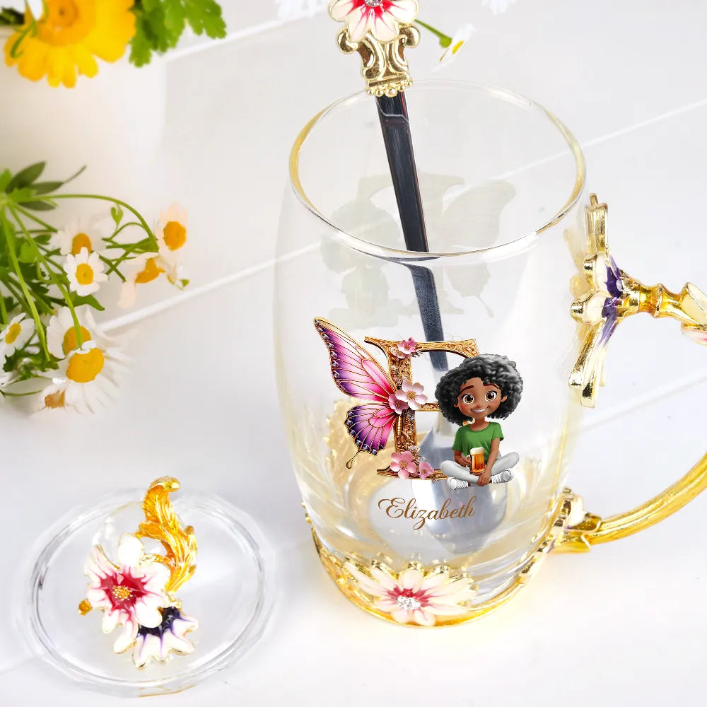 Gift For Yourself,Gift For Women,Happy,Gift For Mother,Gift For Grandma - Butterfly Monogram With 3D Effect Woman - Personalized Glass Flower Tea Cup