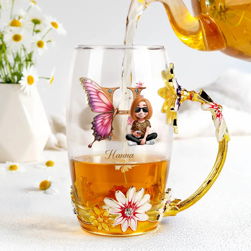 Gift For Yourself,Gift For Women,Happy,Gift For Mother,Gift For Grandma - Butterfly Monogram With 3D Effect Woman - Personalized Glass Flower Tea Cup