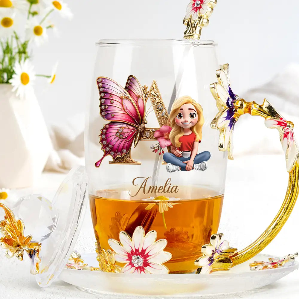 Gift For Yourself,Gift For Women,Happy,Gift For Mother,Gift For Grandma - Butterfly Monogram With 3D Effect Woman - Personalized Glass Flower Tea Cup