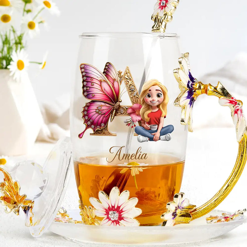 Gift For Yourself,Gift For Women,Happy,Gift For Mother,Gift For Grandma - Butterfly Monogram With 3D Effect Woman - Personalized Glass Flower Tea Cup