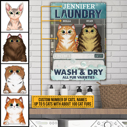 Cat Laundry Wash & Dry Custom Classic Metal Signs, Personalized Funny Cat Sign, Gift For Cat Lovers