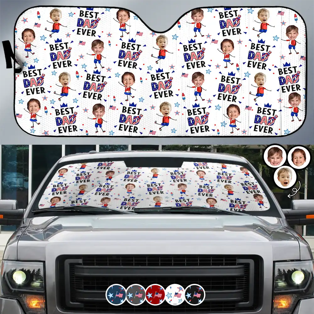 Custom Photo Stars & Stripes Best Dad Mom Grandpa Grandma Ever - Personalized Auto Sunshade