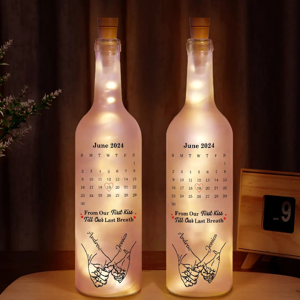 Gift For Couples, Love - Calendar Hand Holding Couple The Date It All Began - Personalized Bottle Light