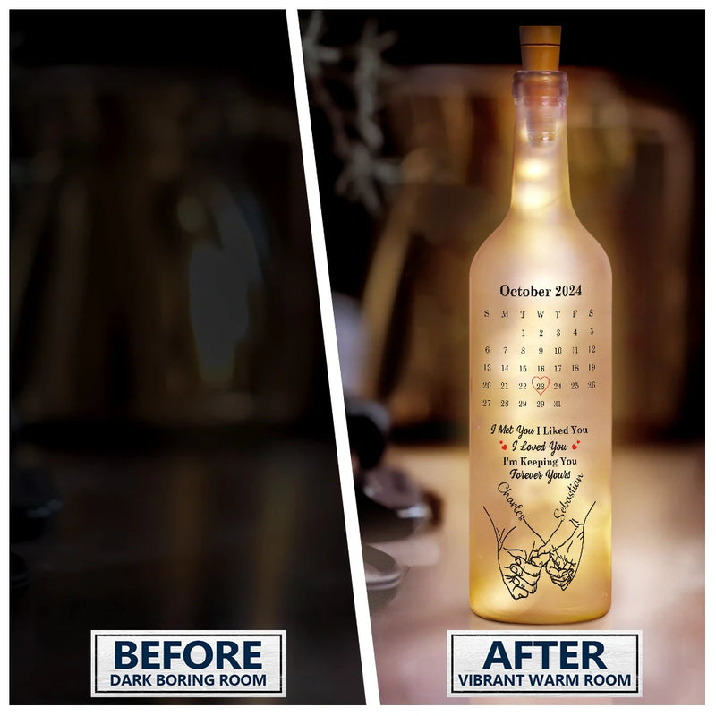 Gift For Couples, Love - Calendar Hand Holding Couple The Date It All Began - Personalized Bottle Light