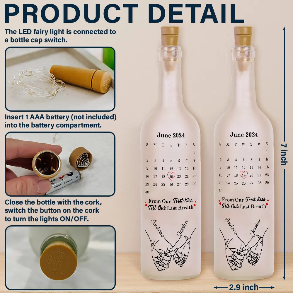 Gift For Couples, Love - Calendar Hand Holding Couple The Date It All Began - Personalized Bottle Light