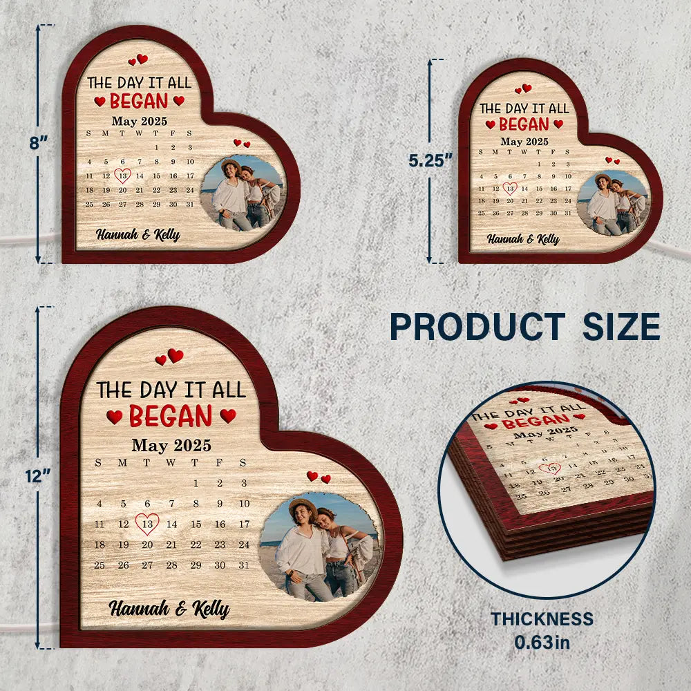 Gift For Couples,Gift For Husband,Gift For Wife,Gift For Girlfriend,LGBT,Love - Custom Photo Calendar The Day It All Began - Personalized LED Light Wooden Plaque