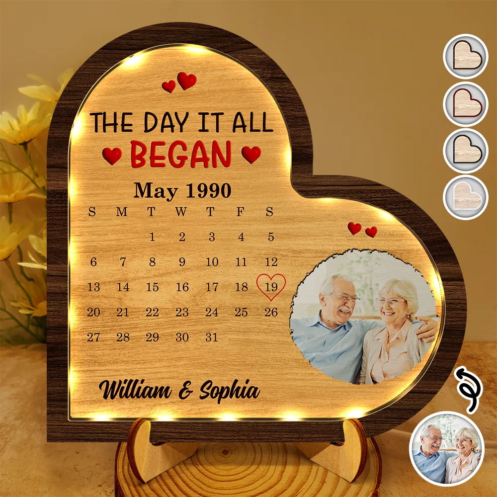 Custom Photo Calendar The Day It All Began - Personalized LED Light Wooden Plaque
