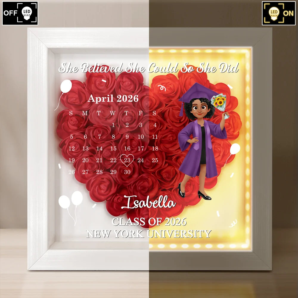 Calendar,Graduation,Happy,Gift For Daughter,Gift For Son,Gift For Sibling,Gift For Sisters,Gift For Brothers,Gift For Bestie - Calendar The Day The Journey Began - Personalized LED Light Flower Shadow Box