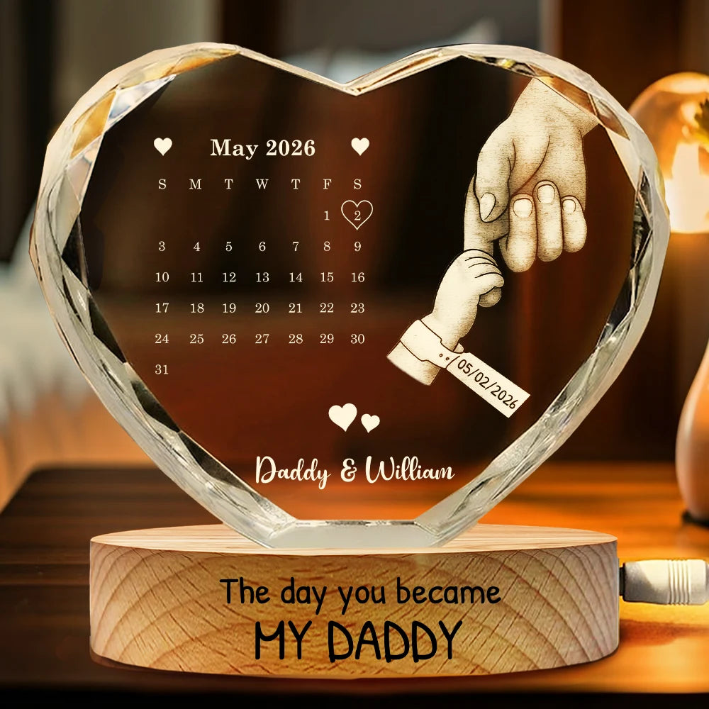Calendar The Day You Became My Mom Dad - Personalized Crystal Heart Shaped Lamp