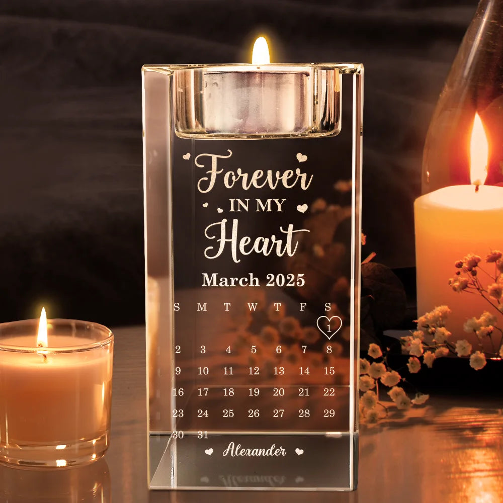 Memorial, Family, Parents, Gift For Grandparents, Sad - Calendar The Moment Your Heart Stopped Mine Changed Forever - Personalized Crystal Candle Holder