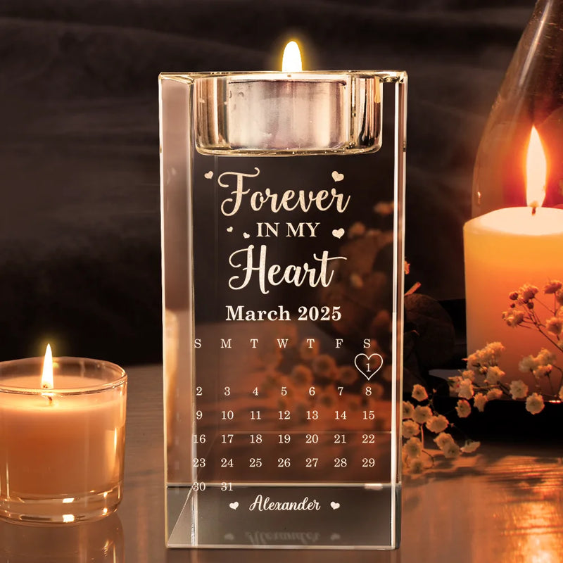 Memorial, Family, Parents, Gift For Grandparents, Sad - Calendar The Moment Your Heart Stopped Mine Changed Forever - Personalized Crystal Candle Holder