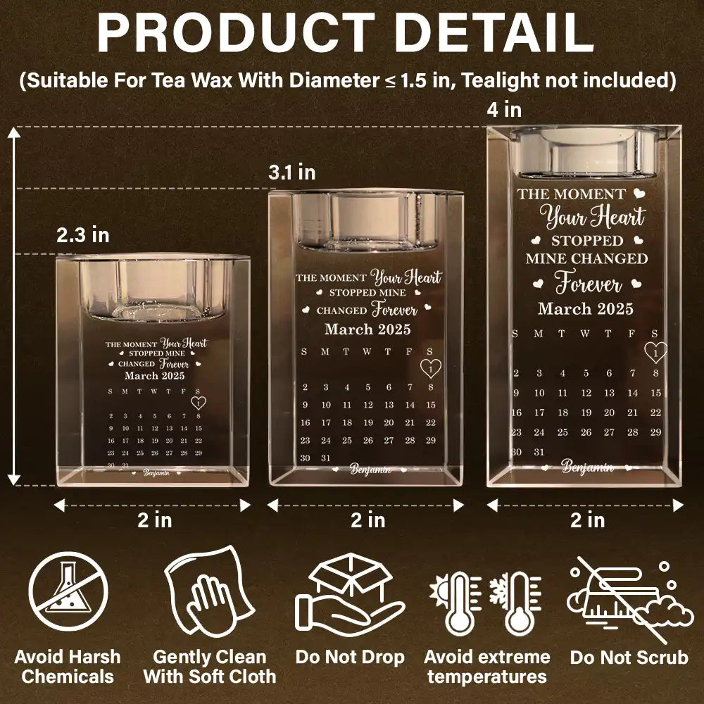 Memorial, Family, Parents, Gift For Grandparents, Sad - Calendar The Moment Your Heart Stopped Mine Changed Forever - Personalized Crystal Candle Holder