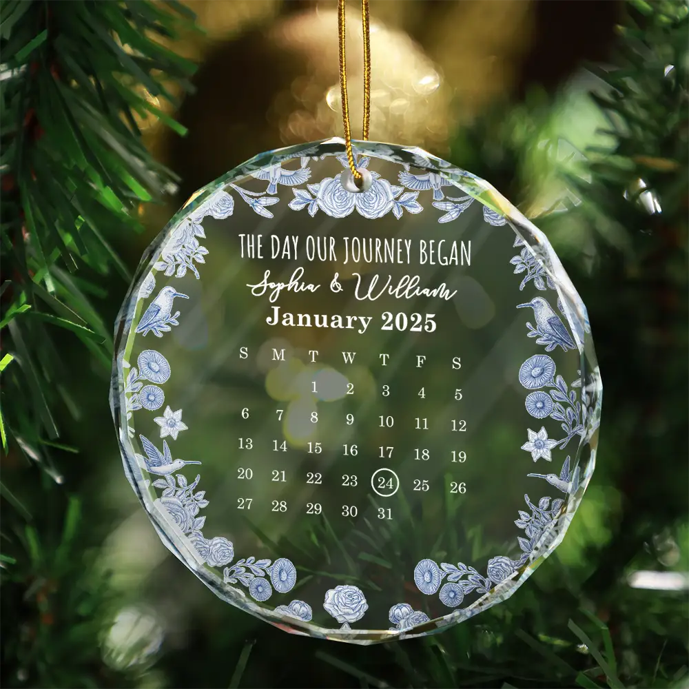 Christmas,Gift For Couples,Gift For Husband,Gift For Wife,Gift For Boyfriend,Gift For Girlfriend,Happy - Calendar Where Our Story Began - Personalized Circle Glass Ornament