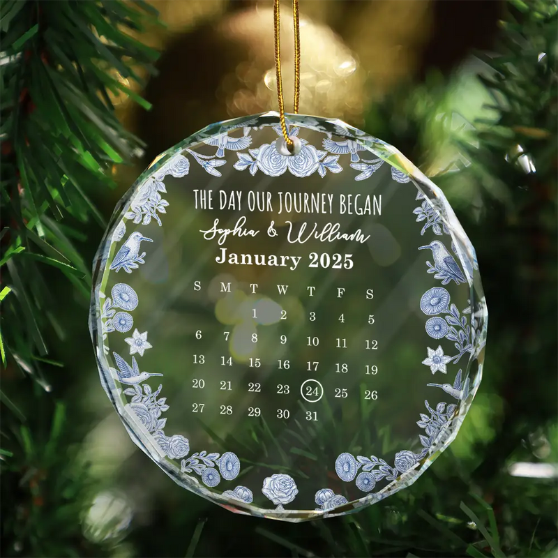 Christmas,Gift For Couples,Gift For Husband,Gift For Wife,Gift For Boyfriend,Gift For Girlfriend,Happy - Calendar Where Our Story Began - Personalized Circle Glass Ornament