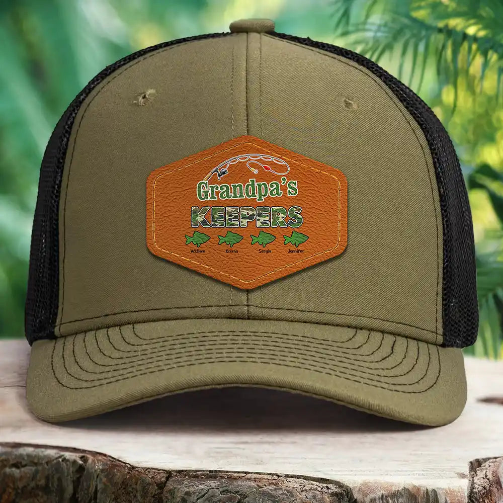 Gift For Husband, Gift For Grandpa, Fishing, Dad's Hobby - Camouflage Grandpa Dad’s Keepers - Personalized Leather Patch Hat