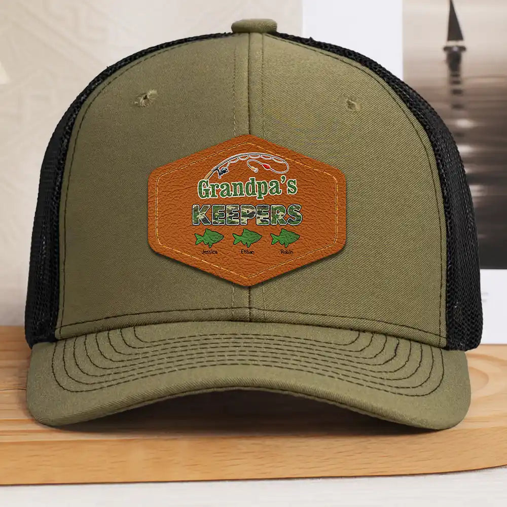 Gift For Husband, Gift For Grandpa, Fishing, Dad's Hobby - Camouflage Grandpa Dad’s Keepers - Personalized Leather Patch Hat