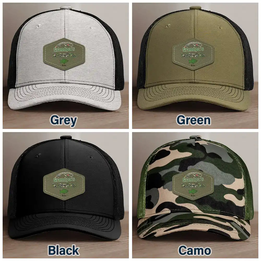 Gift For Husband, Gift For Grandpa, Fishing, Dad's Hobby - Camouflage Grandpa Dad’s Keepers - Personalized Leather Patch Hat