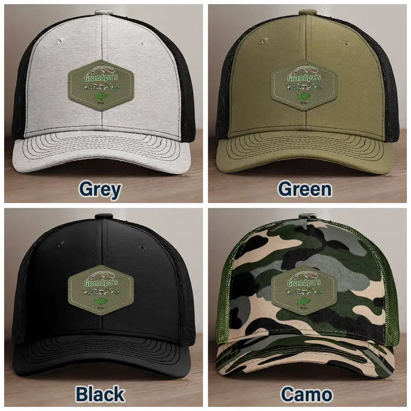 Gift For Husband, Gift For Grandpa, Fishing, Dad's Hobby - Camouflage Grandpa Dad’s Keepers - Personalized Leather Patch Hat