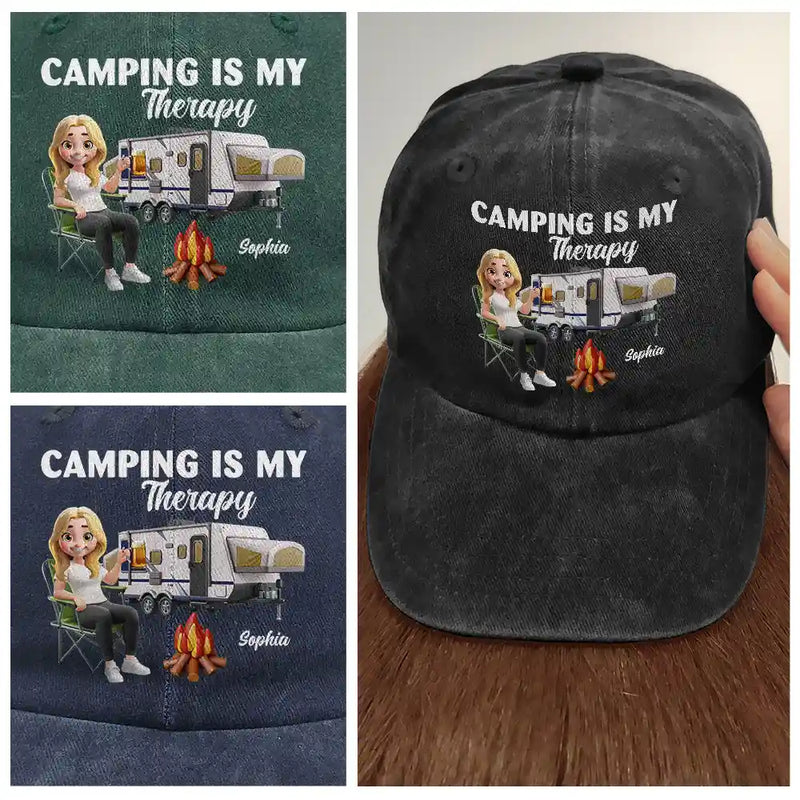 Camping,Campsite,Gift For Yourself,Gift For Women,Gift For Wife,Gift For Mother,Gift For Girlfriend,Happy,Gift For Men - Camp Hair Don't Care Camping - Personalized Vintage Washed Denim Cap