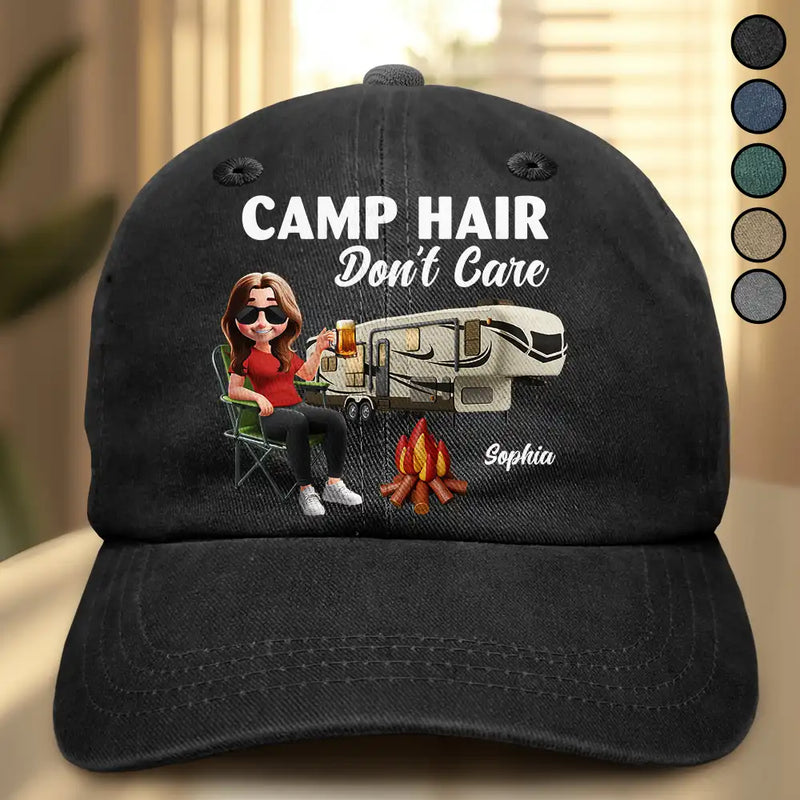 Camping,Campsite,Gift For Yourself,Gift For Women,Gift For Wife,Gift For Mother,Gift For Girlfriend,Happy,Gift For Men - Camp Hair Don't Care Camping - Personalized Vintage Washed Denim Cap