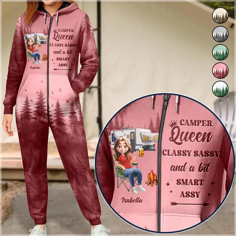 Gift For Yourself,Gift For Women,Happy,Camping - Camper Queen Classy Sassy - Personalized Overall Onesie Hooded Jumpsuit