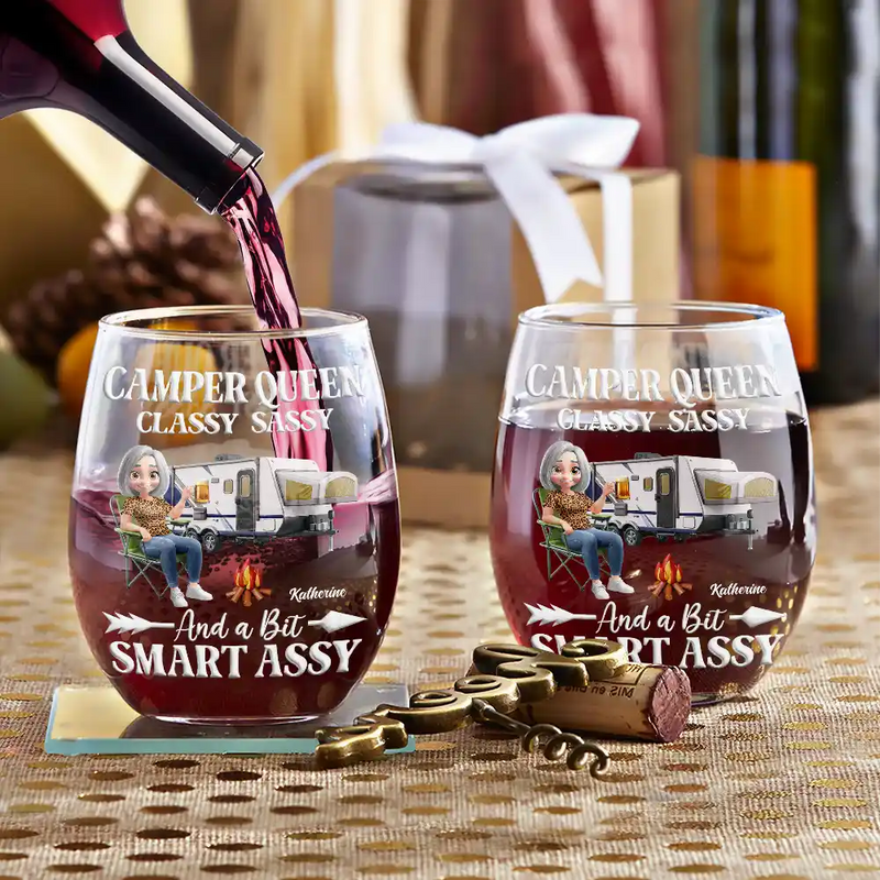 Gift For Yourself,Gift For Women,Happy,Camping - Camper Queen Classy Sassy - Personalized Stemless Wine Glass