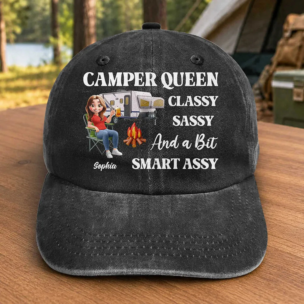 Camping, Happy, Gift For Women, Gift For Yourself - Camper Queen Classy Sassy - Personalized Vintage Washed Denim Cap