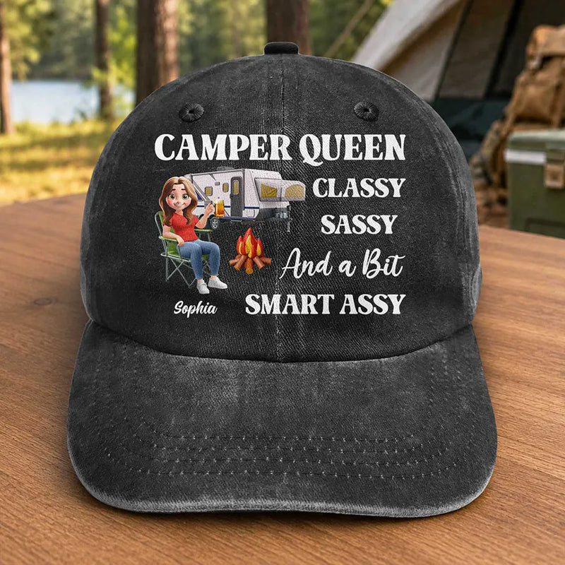 Camping, Happy, Gift For Women, Gift For Yourself - Camper Queen Classy Sassy - Personalized Vintage Washed Denim Cap