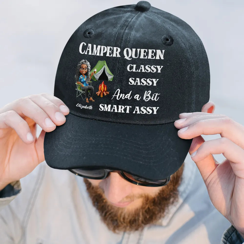 Camping, Happy, Gift For Women, Gift For Yourself - Camper Queen Classy Sassy - Personalized Vintage Washed Denim Cap