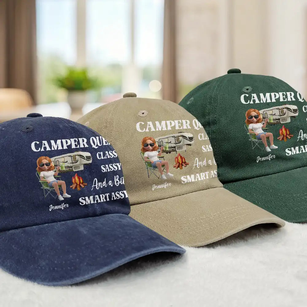 Camping, Happy, Gift For Women, Gift For Yourself - Camper Queen Classy Sassy - Personalized Vintage Washed Denim Cap