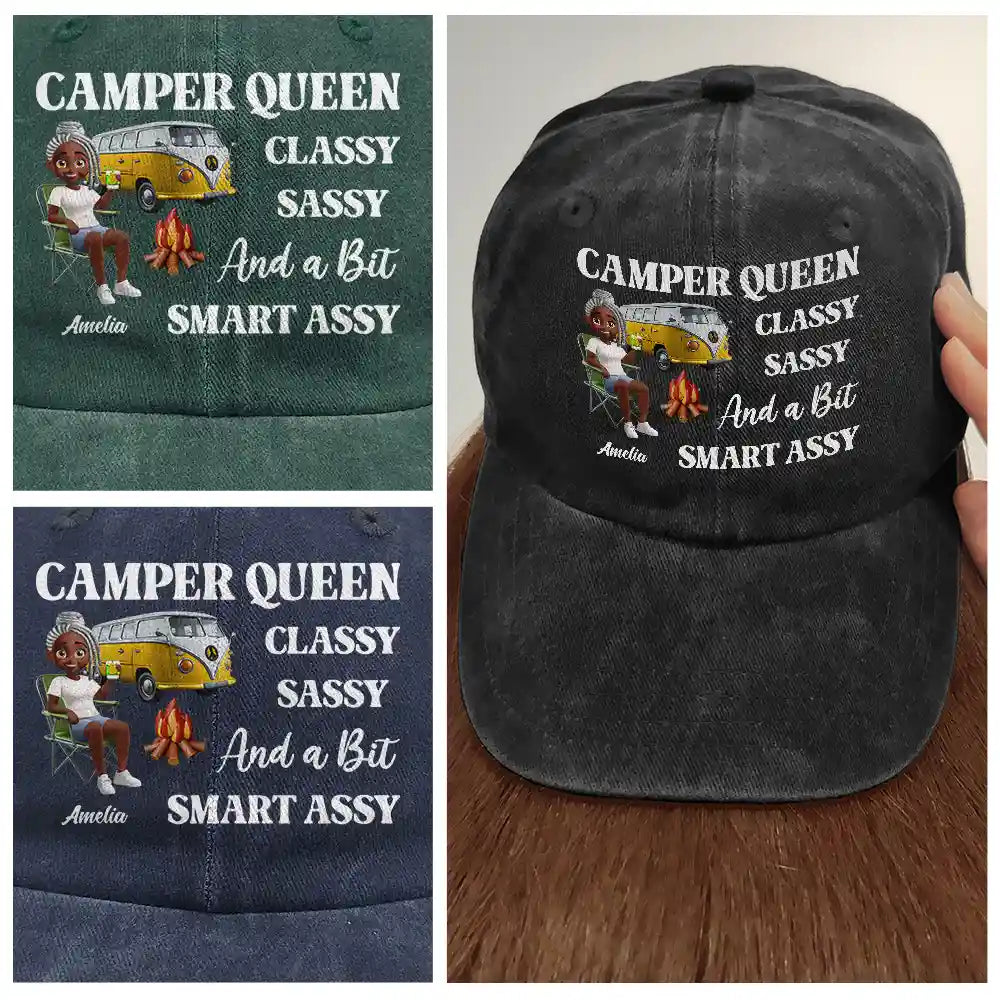 Camping, Happy, Gift For Women, Gift For Yourself - Camper Queen Classy Sassy - Personalized Vintage Washed Denim Cap