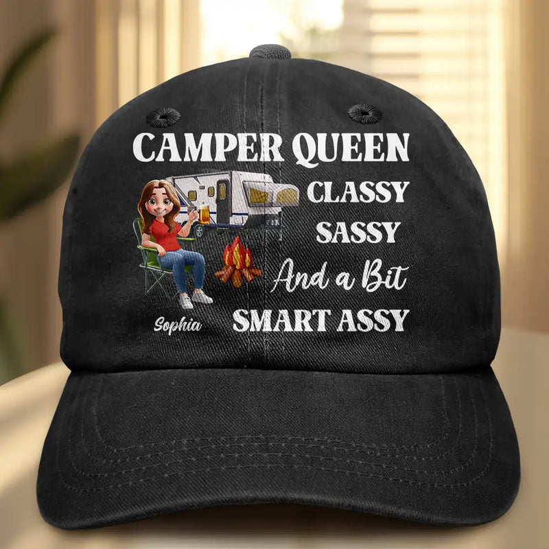 Camping, Happy, Gift For Women, Gift For Yourself - Camper Queen Classy Sassy - Personalized Vintage Washed Denim Cap